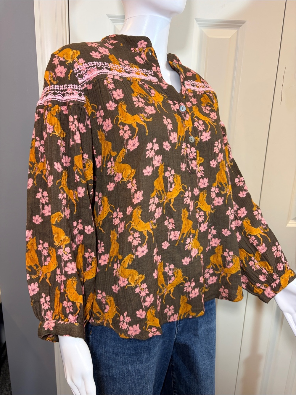 ivy jane Brown Blouse with Pink Floral & Gold Horse Print